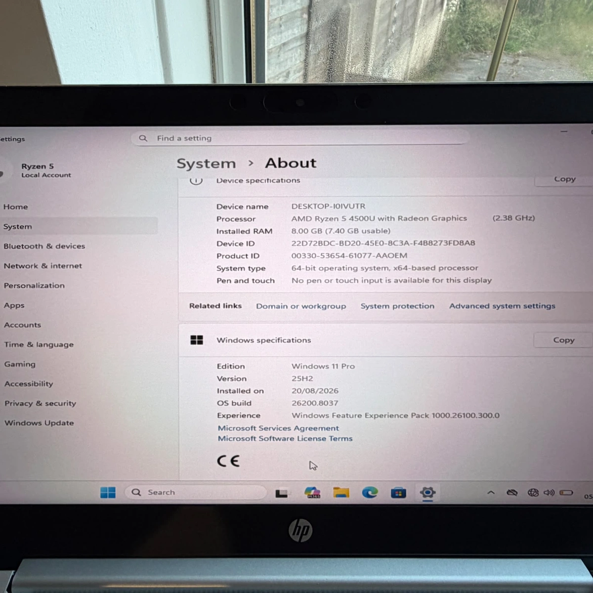 HP ProBook 455 G7 Laptop screen displaying system information